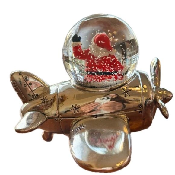 Santa Flying a Vintage Airplane Snow Globe, Waving from Cockpit, Propeller Spins - Picture 4 of 11